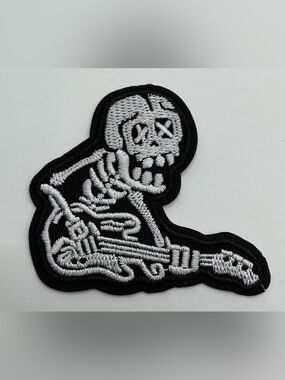 EMBROIDERED IRON OR SEW ON PATCH SKELETON PLAYING GUITAR